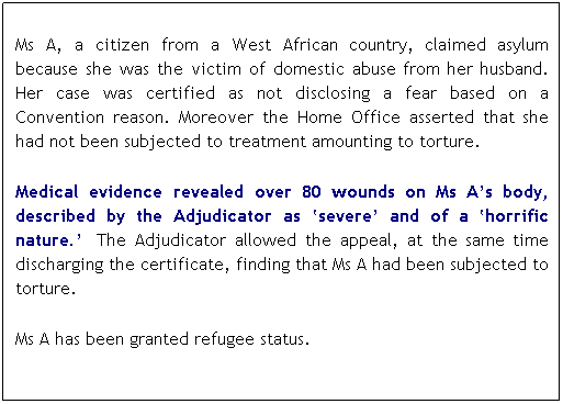 Text Box:  
Ms A, a citizen from a West African country, claimed asylum because she was the victim of domestic abuse from her husband. Her case was certified as not disclosing a fear based on a Convention reason. Moreover the Home Office asserted that she had not been subjected to treatment amounting to torture.  
 
Medical evidence revealed over 80 wounds on Ms As body, described by the Adjudicator as severe and of a horrific nature.  The Adjudicator allowed the appeal, at the same time discharging the certificate, finding that Ms A had been subjected to torture. 
 
Ms A has been granted refugee status.
 
 
 
 
 
 
